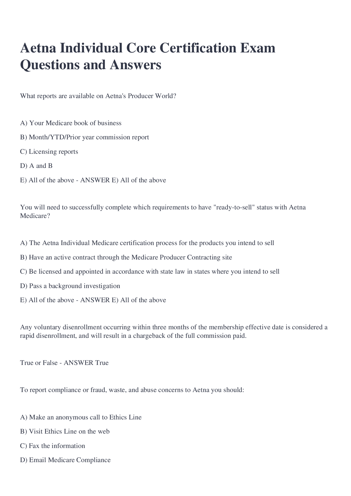 Preview of Aetna Individual Core Certification Exam Questions and Answers